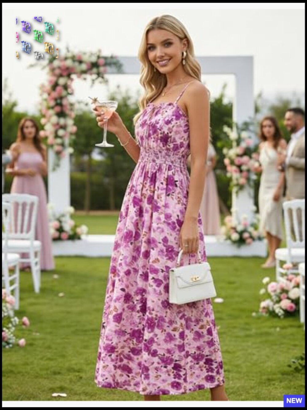 Floral Midi Sundress Boho Casual Summer Vacation Dress with Pockets Adjustable - Picture 3 of 7